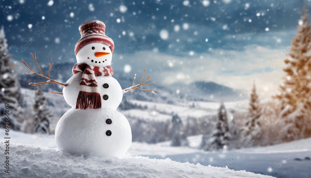 Obraz premium Panoramic view of happy snowman in winter secenery with copy space 