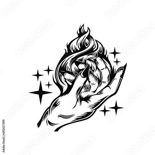 Silhouette hand with magic fire concept design