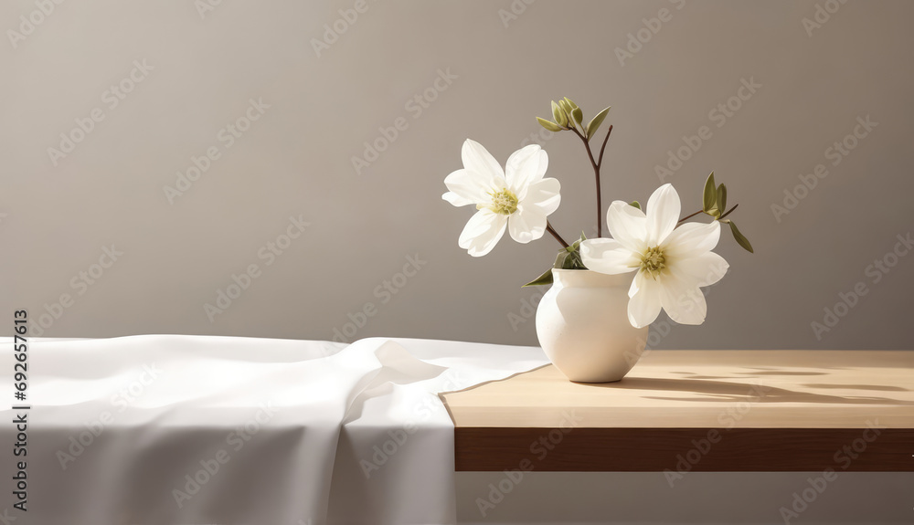 Vase with white flowers on table and empty gray wall with soft lighting for product display, presentation, montage. Minimalist, interior home design. Copy space for text, adversiting, logo, message Vase with white flowers on table and empty gray wall with soft lighting for product display, presentation, montage. Minimalist, interior home design. Copy space for text, adversiting, logo, message