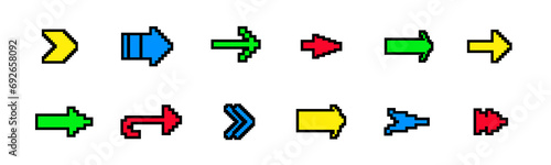 8 bit arrow sticker icon. Pixel retro arcade game forward arrow vector