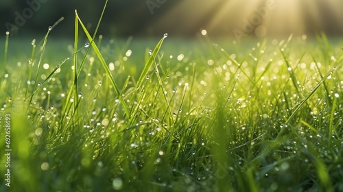 Drops of dew on green grass. Generative AI