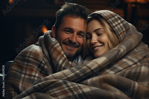Cozy indoor scene of a couple sharing a warm embrace while enjoying a movie night, comfort and love © Nino Lavrenkova