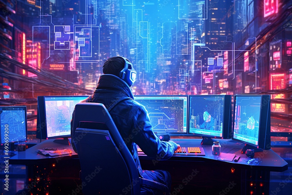 The shadowy aspect of the digital realm, featuring a hooded hacker figure set against a digital data background. The idea of online safety and cybersecurity is illustrated in this picture.