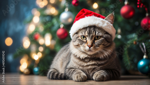 cat wearing Santa hat on blurry Christmas tree background