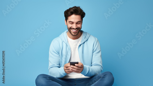 Young guy smiling holding a smartphone sitting on a blue background photo