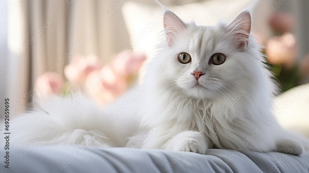 A beautiful white fluffy cat lies on the light-blue bed at home