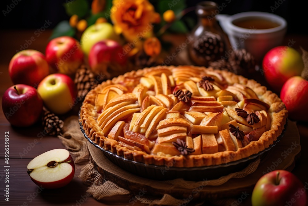 Homemade pie with apples on wooden table. Generative AI Homemade pie with apples on wooden table. Generative AI