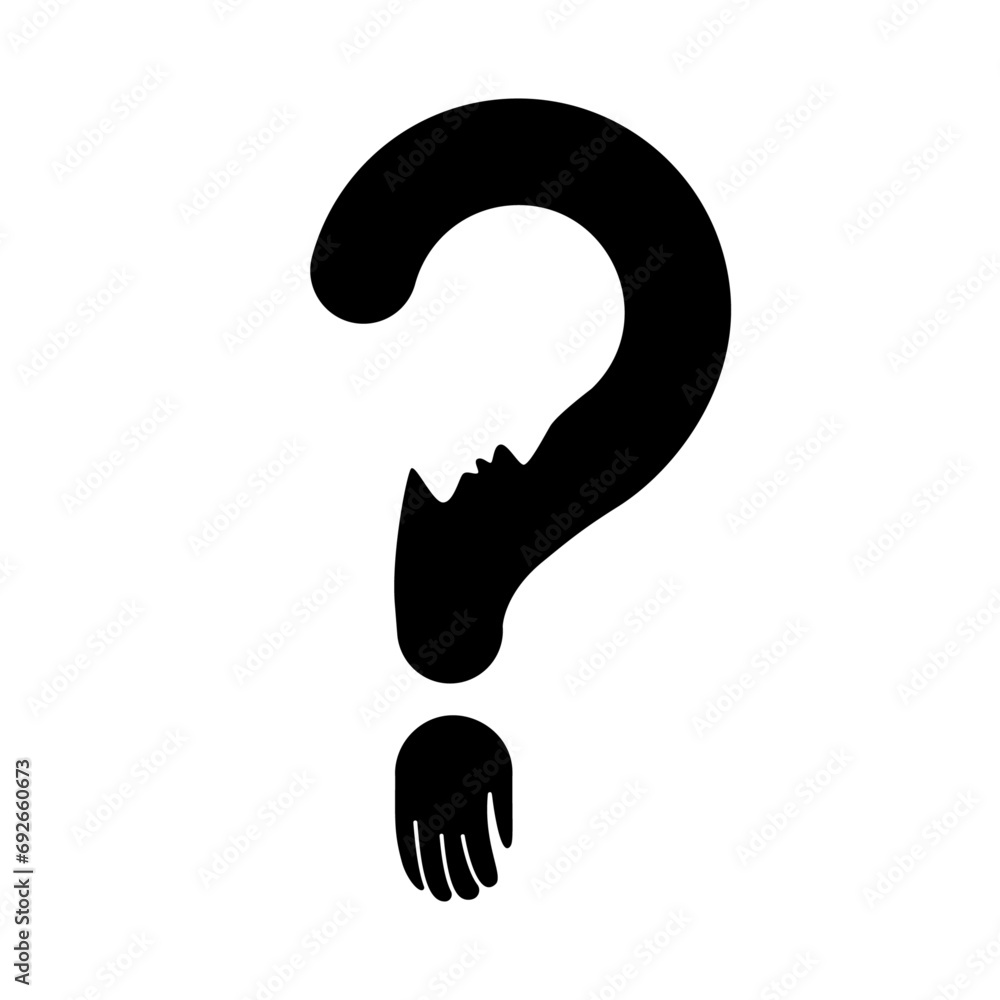 Question sign. Think idea. Man with an outstretched hand. Question mark. Sketch vector illustration Question sign. Think idea. Man with an outstretched hand. Question mark. Sketch vector illustration