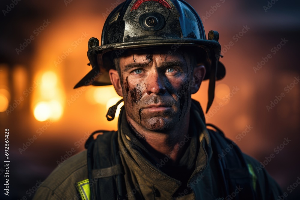 Portrait of a firefighter with blood on his face. Burning fire at the background. AI Generated Portrait of a firefighter with blood on his face. Burning fire at the background. AI Generated