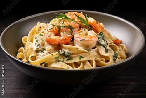 Italian pasta with creamy sauce and shrimp on plate. Generative aI