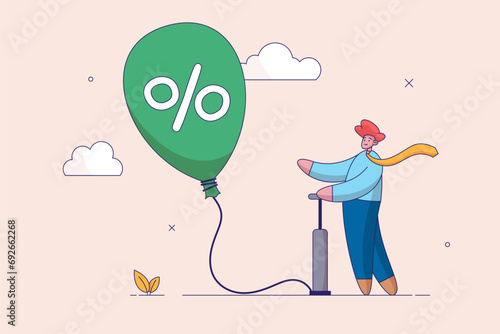 Money inflation concept. Investment bubble causing financial crisis, overvalued stock market, businessman investor pumping air into big floating balloon with US Dollar money sign ready to burst.