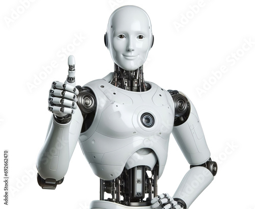 Smiling, Human-Like Robot Giving Thumbs-Up, Humanoid Robot Approving Thumbs Up
