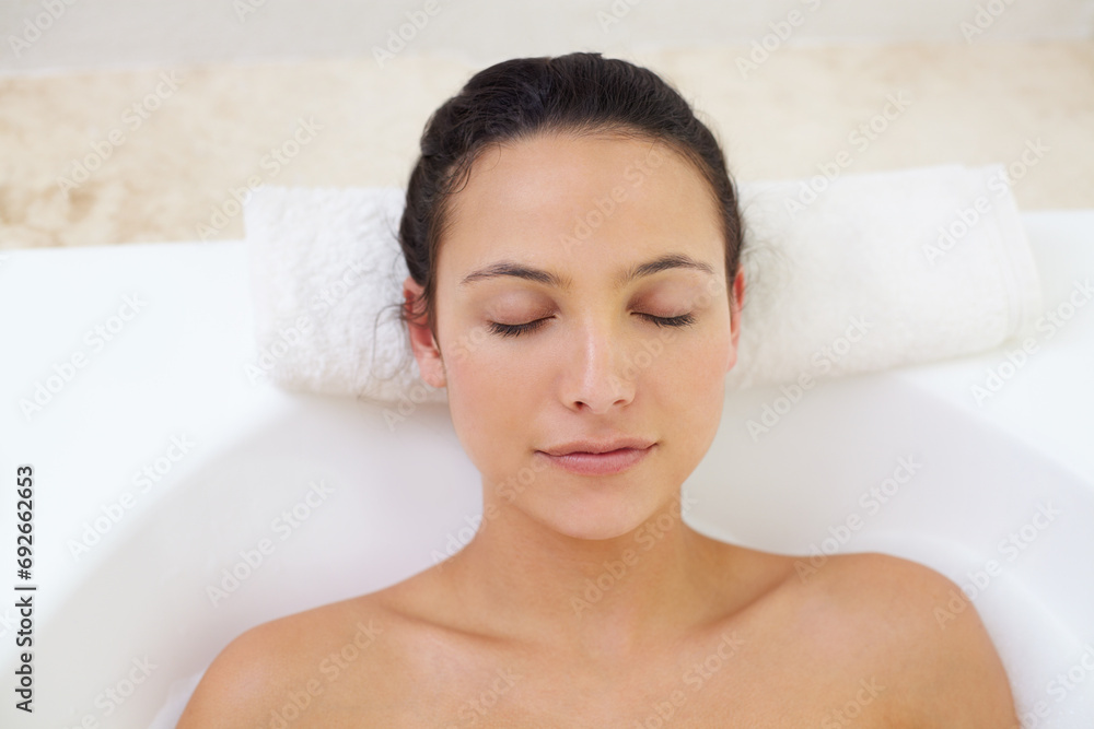 Bath, relax and face of woman in bathtub for wellness, stress relief or skin detox with comfort at home. Self care, peace or person bathing in a tub for cleaning, pamper or diy spa bathroom treatment Bath, relax and face of woman in bathtub for wellness, stress relief or skin detox with comfort at home. Self care, peace or person bathing in a tub for cleaning, pamper or diy spa bathroom treatment