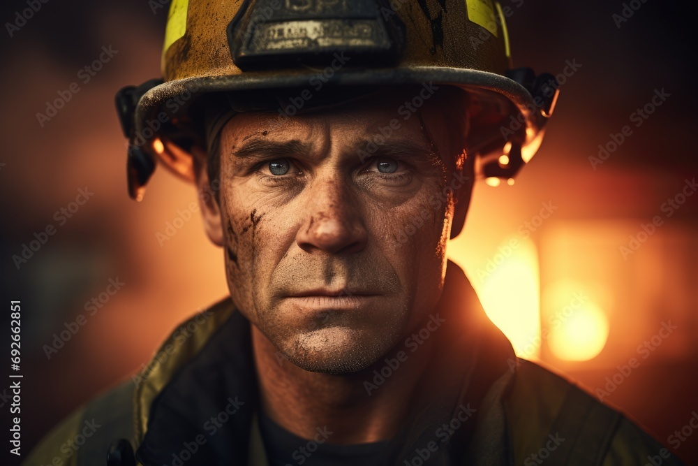 Portrait of a fireman with blood on his face. Burning fire at the background. AI Generated Portrait of a fireman with blood on his face. Burning fire at the background. AI Generated