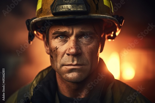 Portrait of a fireman with blood on his face. Burning fire at the background. AI Generated