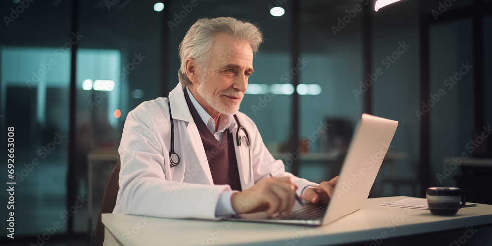 Medical expert giving advice over the internet inside his office