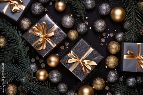 Top view of gift packages, gold and black balls, sparkling confetti, frosted fir twigs on dark backdrop