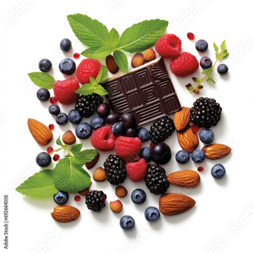 Smart nutrition for brain health - A composition of fresh berries  nuts  green leaves and pieces of dark chocolate