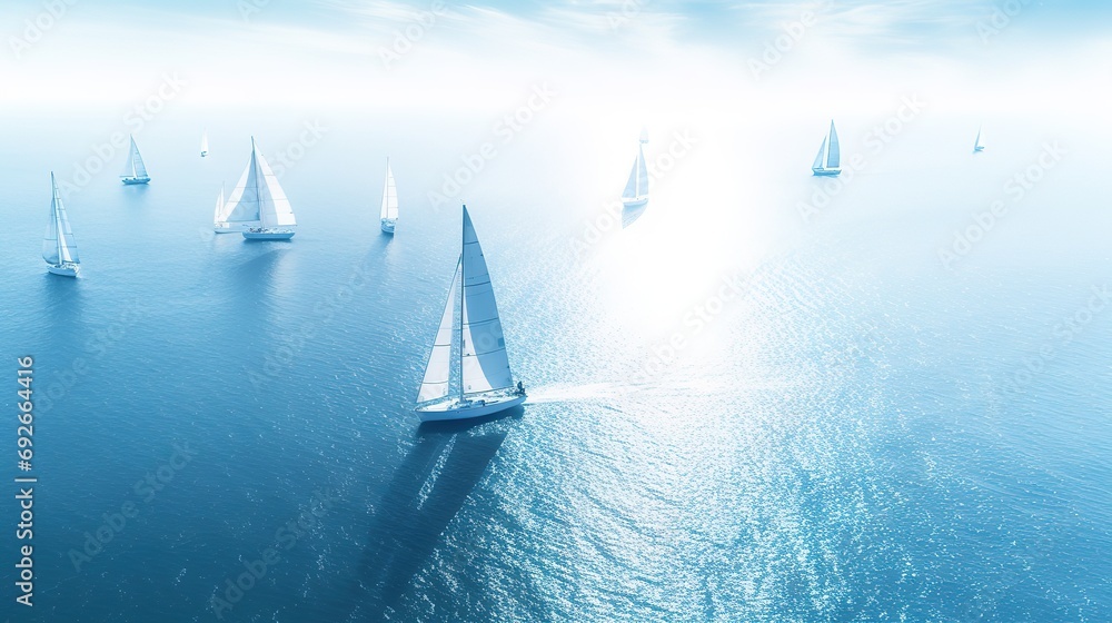 Beautiful sailboats sailing in a team on a sea of blue clarity was captured by an aerial drone