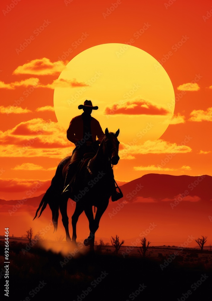 silhouette of cowboy riding his horse in red sky and sunset, 