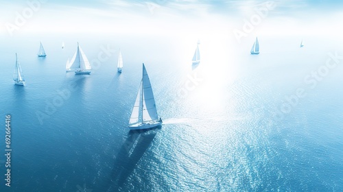 Beautiful sailboats sailing in a team on a sea of blue clarity was captured by an aerial drone