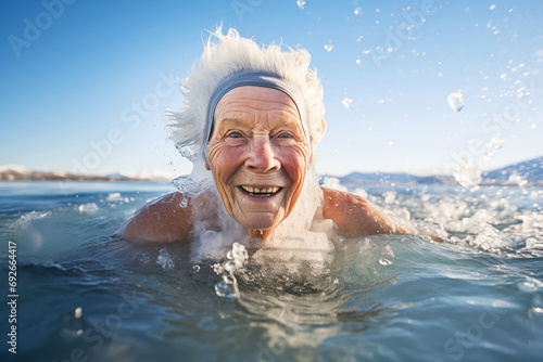 Happy active senior woman swimming in ice water in winter outdoors