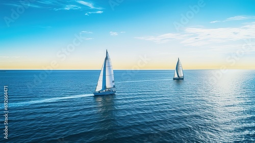 Beautiful sailboats sailing in a team on a sea of blue clarity was captured by an aerial drone