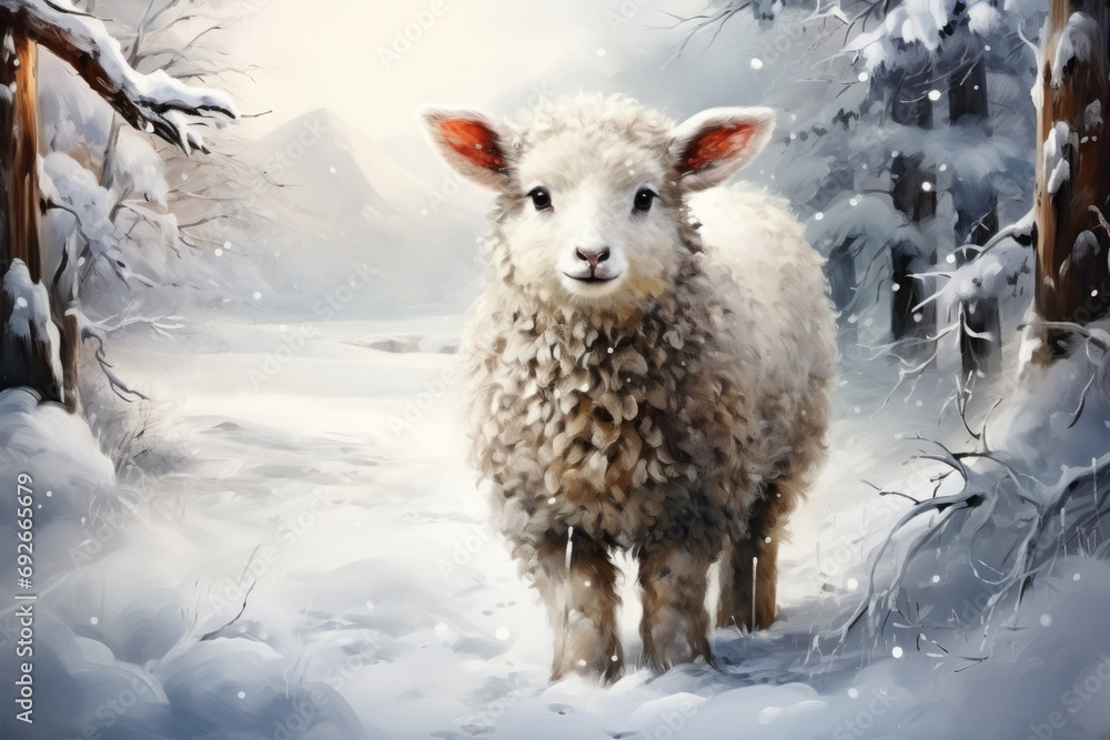 Fototapeta premium Cute Sheep Illustration in Snow