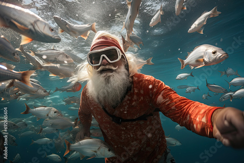 Fantasy art of Santa Claus scuba diving, snorkeling, extreme sport, swim with fish. Father Christmas, Saint Nicholas, Saint Nick, Kris Kringle, fun adventure photo