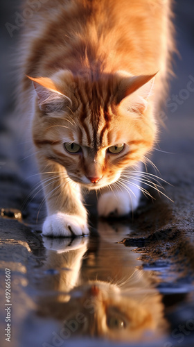 Gato Laranja Refletido em Poça de Água ao Pôr do Sol photo