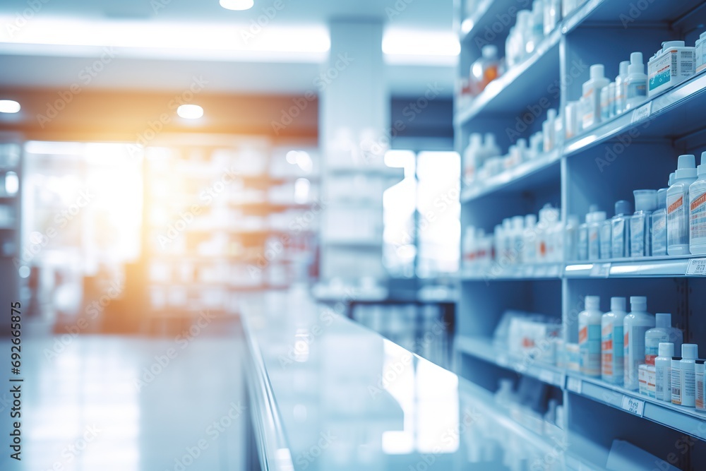 Pharmacy Pulse Blurred Background Immerses Viewers in the Dynamic Realm of a Pharmacy Store, Evoking Pharmacist Expertise and Medicinal Abundance. created with Generative AI
