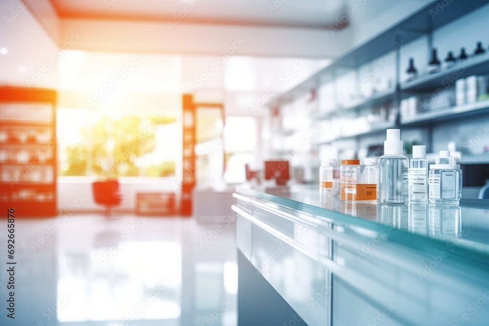 Pharmacy Pulse Blurred Background Immerses Viewers in the Dynamic Realm of a Pharmacy Store, Evoking Pharmacist Expertise and Medicinal Abundance. created with Generative AI