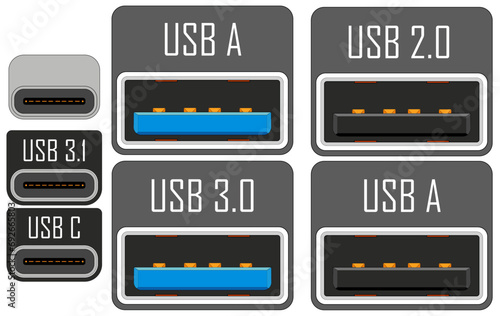 USB 3.0 2.0 (USB A) and USB 3.1 (USB C) slot icon Vector illustration