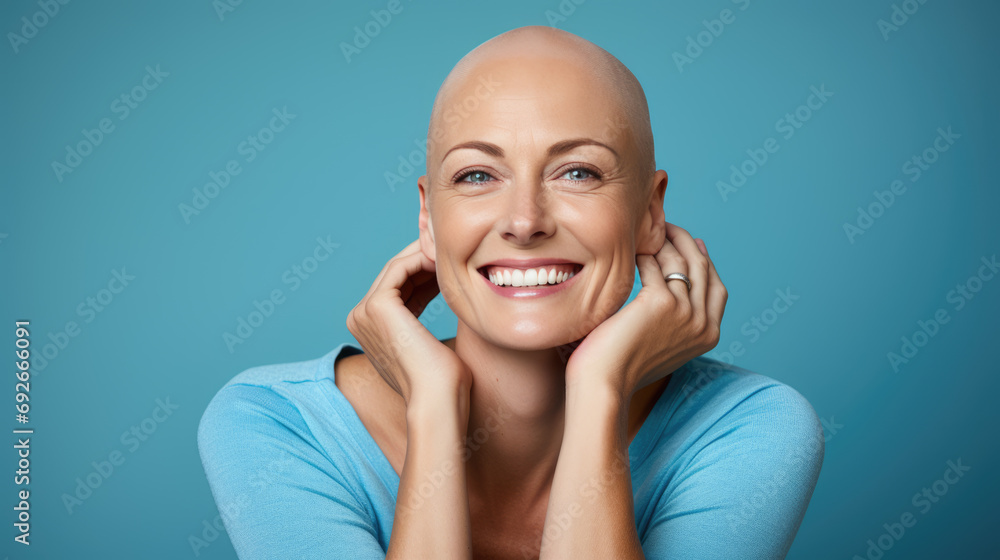 Joyful bald woman cancer patient , smiling confidently at the camera - obrazy, fototapety, plakaty 