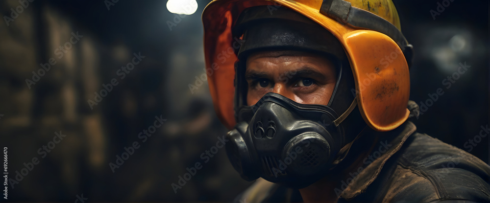 A coal mine worker in coveralls and hard hat, putting on a face mask after a long day on site, heavy machinery working under mine, it is dark outside A coal mine worker in coveralls and hard hat, putting on a face mask after a long day on site, heavy machinery working under mine, it is dark outside