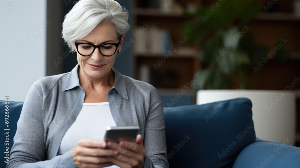Senior woman sits on the couch at home and smiles holding her smartphone in his hands Senior woman sits on the couch at home and smiles holding her smartphone in his hands