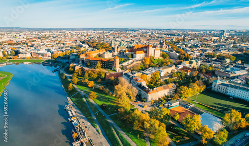 Wawel castle famous landmark in Krakow Poland. Picturesque landscape on coast river Wisla. Historic center city with ancient architecture.