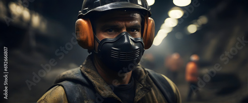 A coal mine worker in coveralls and hard hat, putting on a face mask after a long day on site, heavy machinery working under mine, it is dark outside