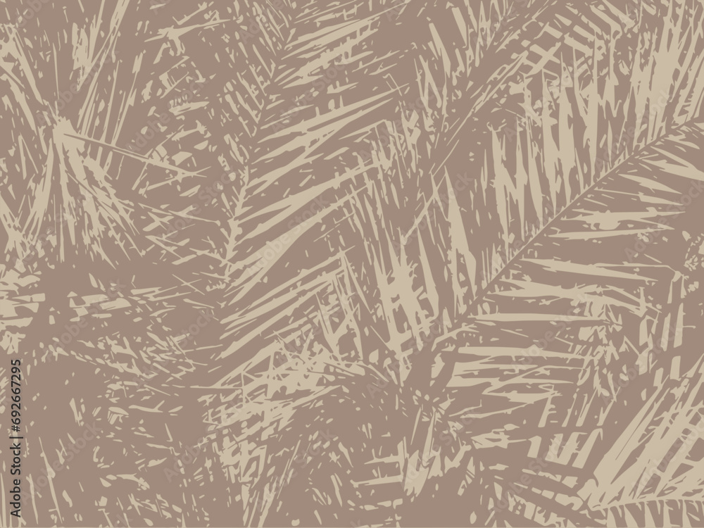 Monochrome texture of palm leaves for overlay. Brown vector rough grunge floral pattern