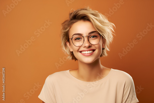 Retrato de joven rubia Gen Z sonriente, estudiante universitaria feliz con gafas y cabello rubio corto en fondo beige. Versátil para conceptos de educación, estilo de vida joven y profesionales. photo