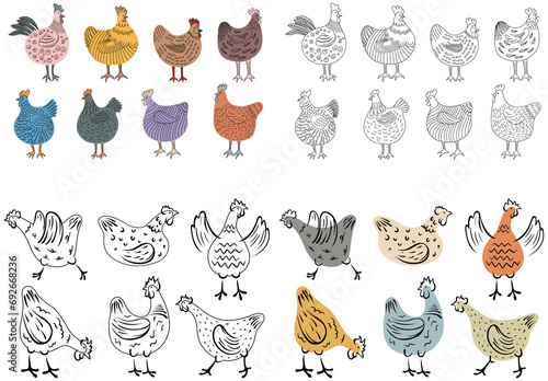 Set of hand-drawn doodle hen. Chicken illustration isolated on white. Colorful isolated domestic birds hand drawn.