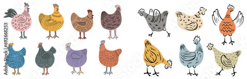 Set of hand-drawn doodle hen. Chicken illustration isolated on white. Colorful isolated domestic birds hand drawn.