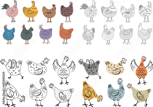Set of hand-drawn doodle hen. Chicken illustration isolated on white. Colorful isolated domestic birds hand drawn.