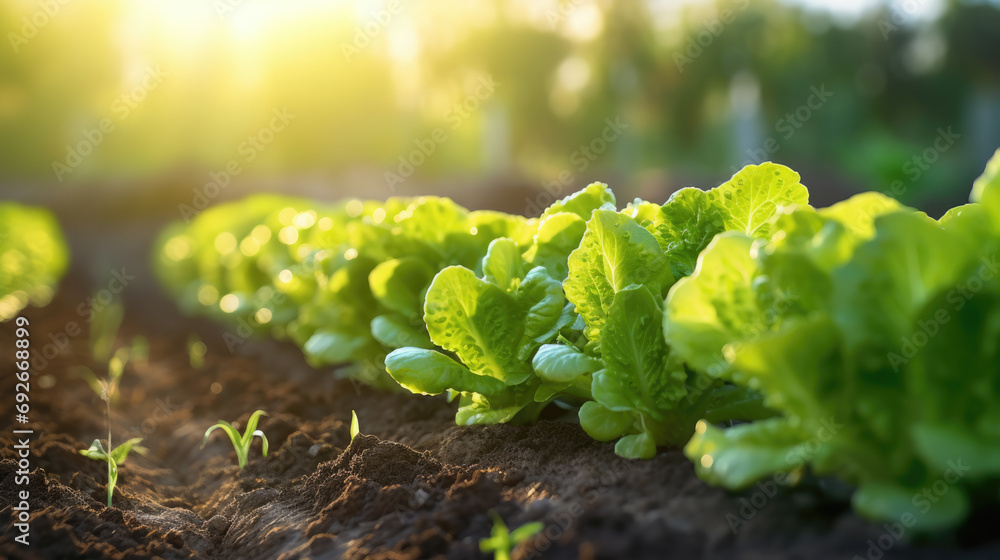 Rows of lush green lettuce growing in rich soil on a farm, with sunlight highlighting the fresh leaves. - obrazy, fototapety, plakaty 