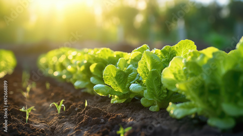 Rows of lush green lettuce growing in rich soil on a farm, with sunlight highlighting the fresh leaves. photo