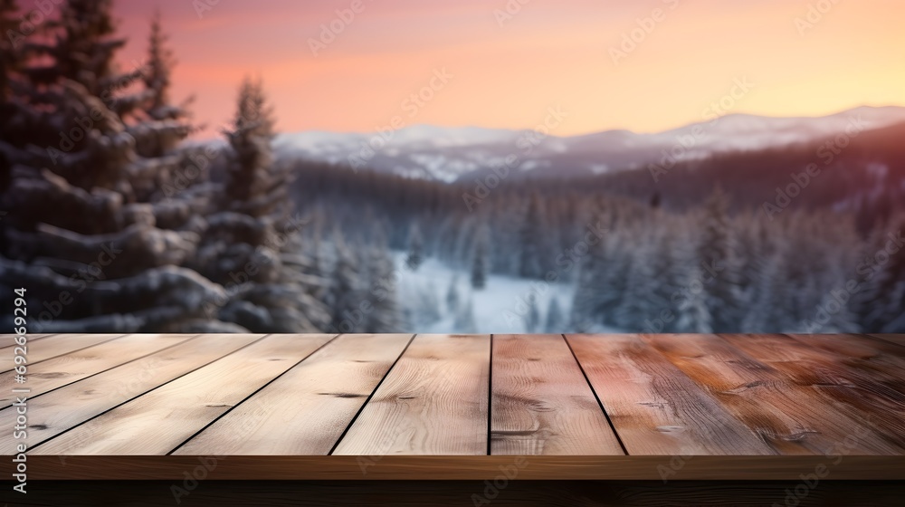 Empty wooden tabletop with a frosty winter landscape and sunrise in the distance Empty wooden tabletop with a frosty winter landscape and sunrise in the distance