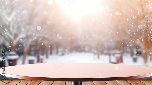 Empty wooden tabletop with a frosty winter landscape and sunrise in the distance photo