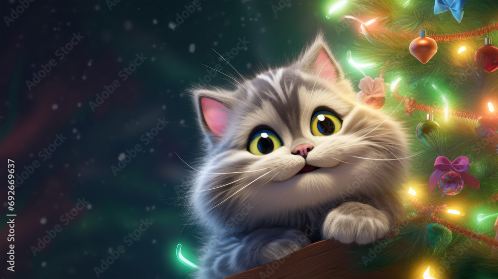 cute kitten climbed up the Christmas tree cute kitten climbed up the Christmas tree