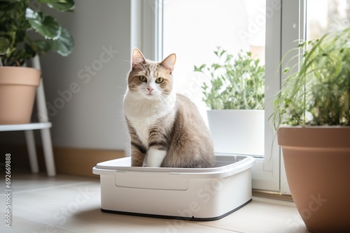 Cat defecates into plastic litter box at home photo