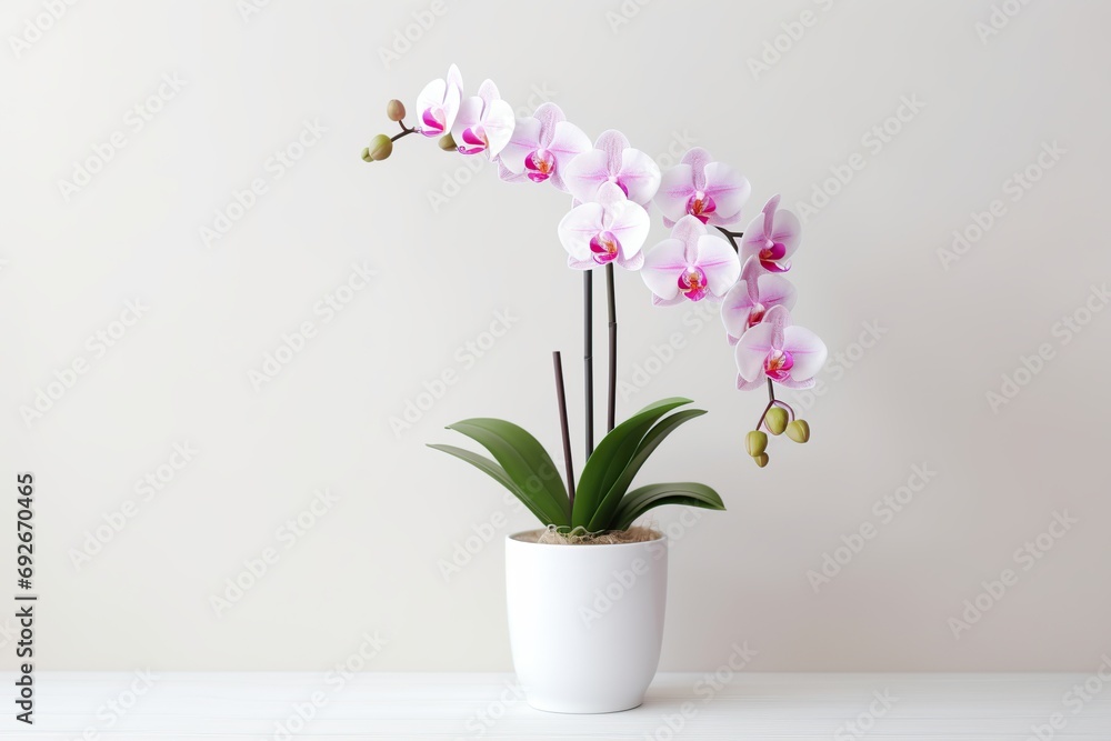 Beautiful orchid flower in pot on white background